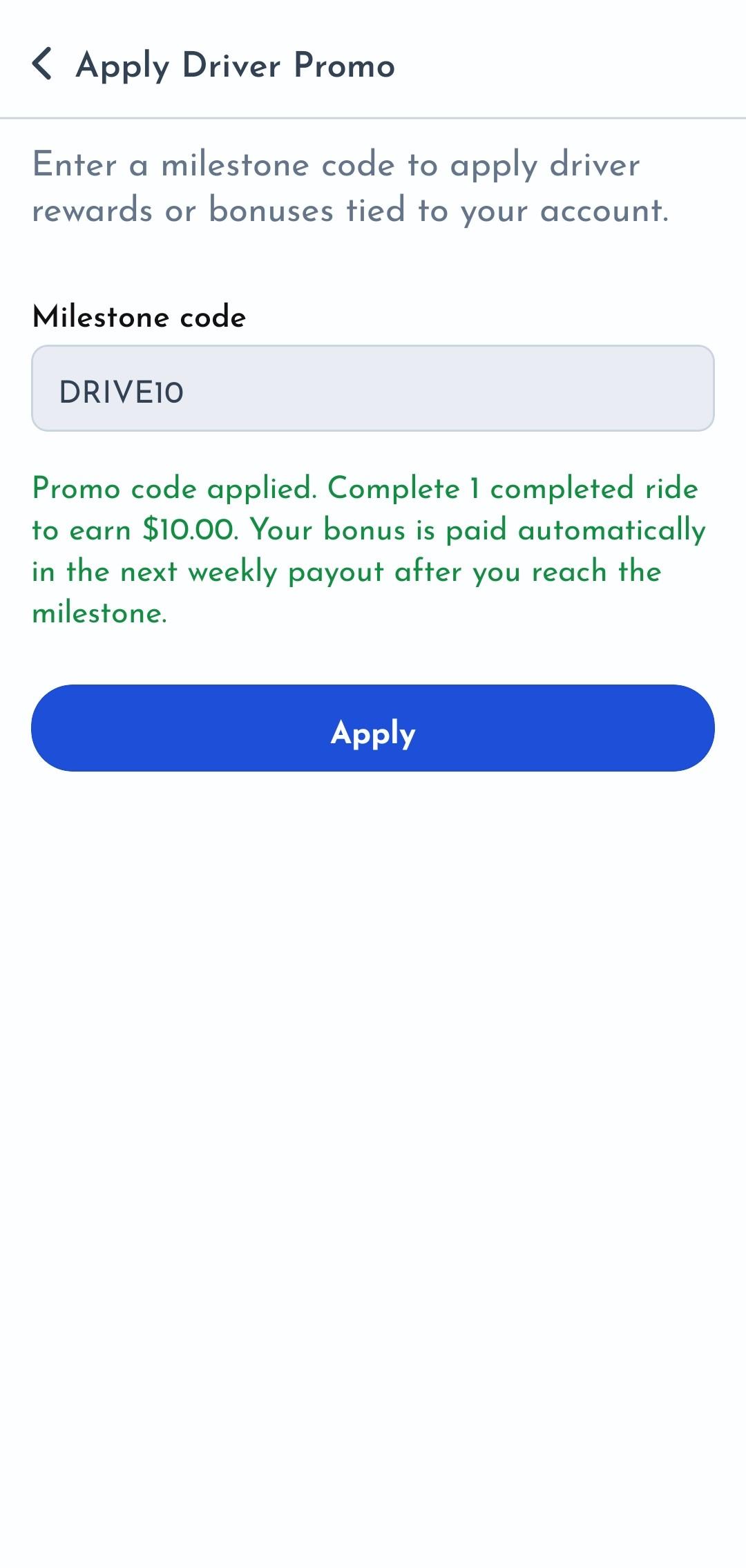 QuikHitch driver profile and account settings showing Apply Driver Promo option