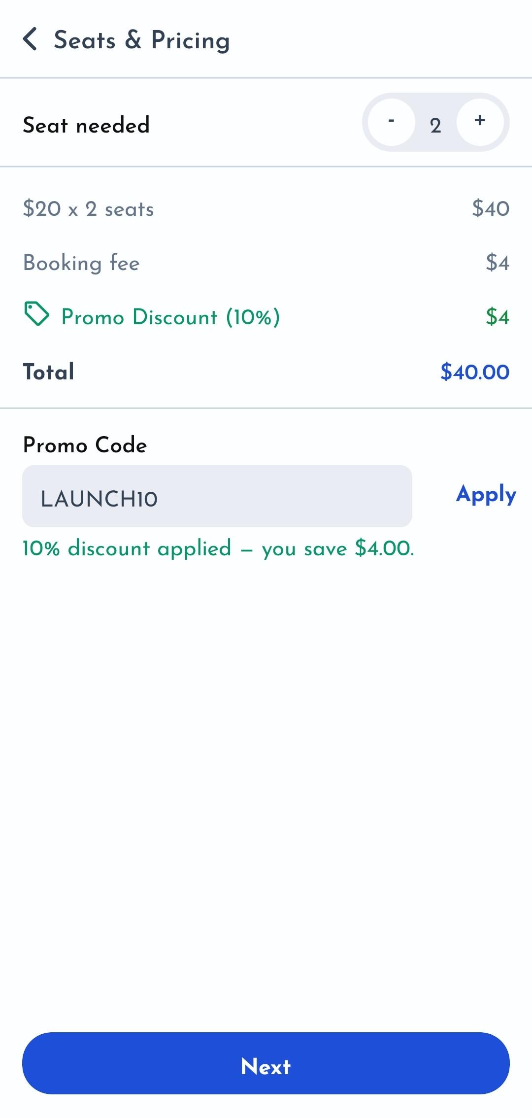 QuikHitch passenger seats and pricing screen showing promo code input